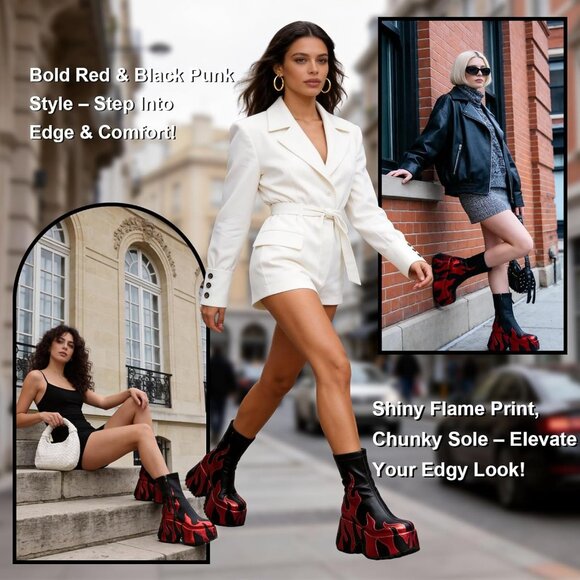 Women's Red Flame Printing Chunky Sole Ankle High Zipper Closure Round Toe Boots - Picture 4 of 9